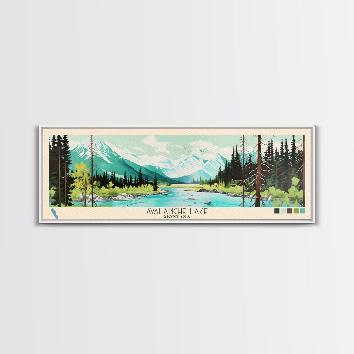 Avalanche Lake Montana Framed Canvas Print, Panoramic Wall Art, Midcentury Modern, Pop Art, Travel Poster, Scenic Living Room Art