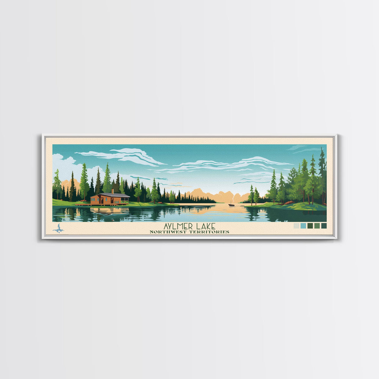 Aylmer Lake Northwest Territories Framed Canvas Print, Panoramic Travel Poster, Midcentury Modern Wall Art, Pop Art, Lake House Decor