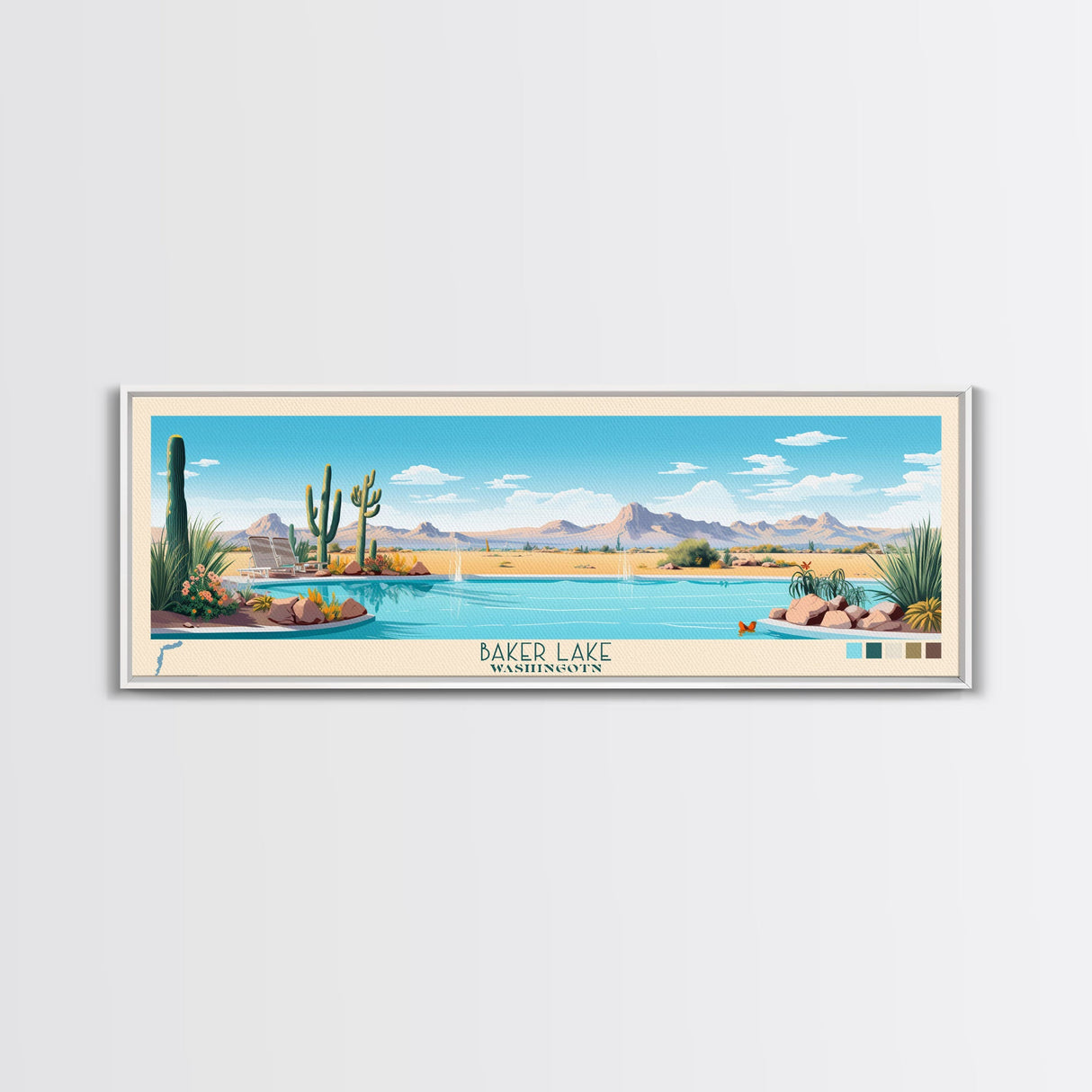 Baker Lake Washington Framed Canvas Print, Panoramic Travel Poster, Midcentury Modern Wall Art, Pop Art, Nature Living Room Art