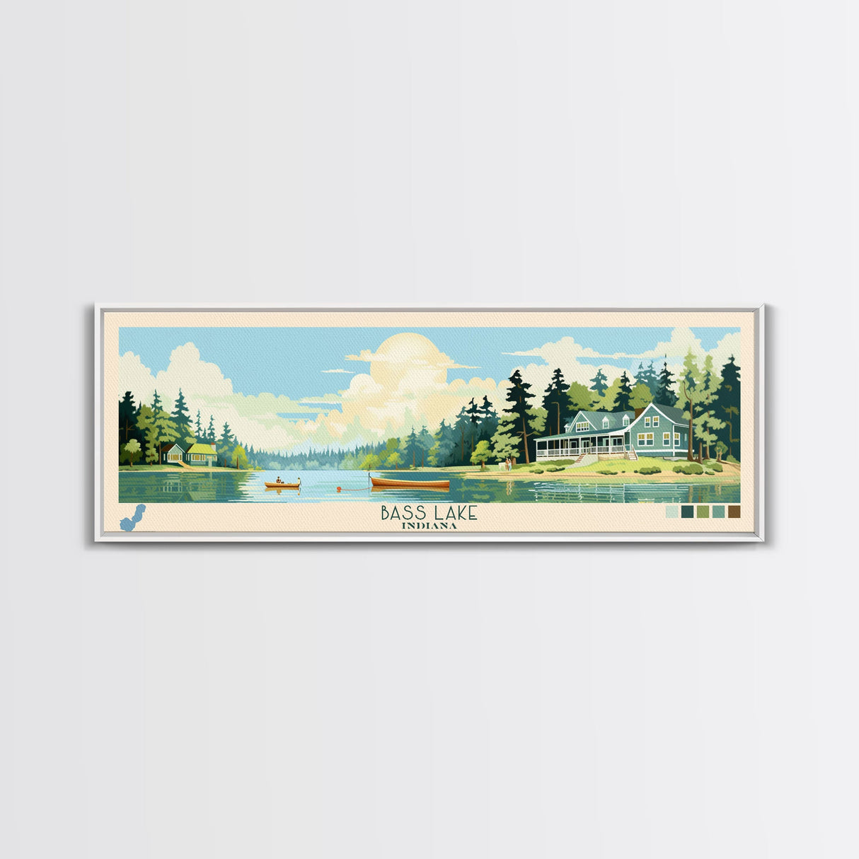 Bass Lake Indiana Framed Canvas Print, Panoramic Travel Poster, Midcentury Modern Wall Art, Pop Art, Nature Bedroom Decor, Lake House Art, Scenic Lake House