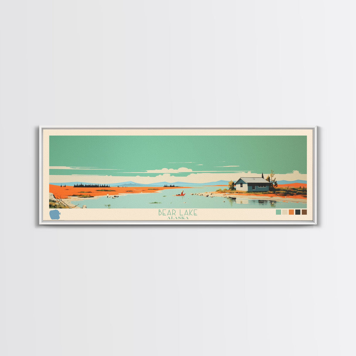 Bear Lake North Slope Alaska Framed Canvas Print, Panoramic Travel Poster, Midcentury Modern Wall Art, Pop Art, Lake House Decor, Nature Art