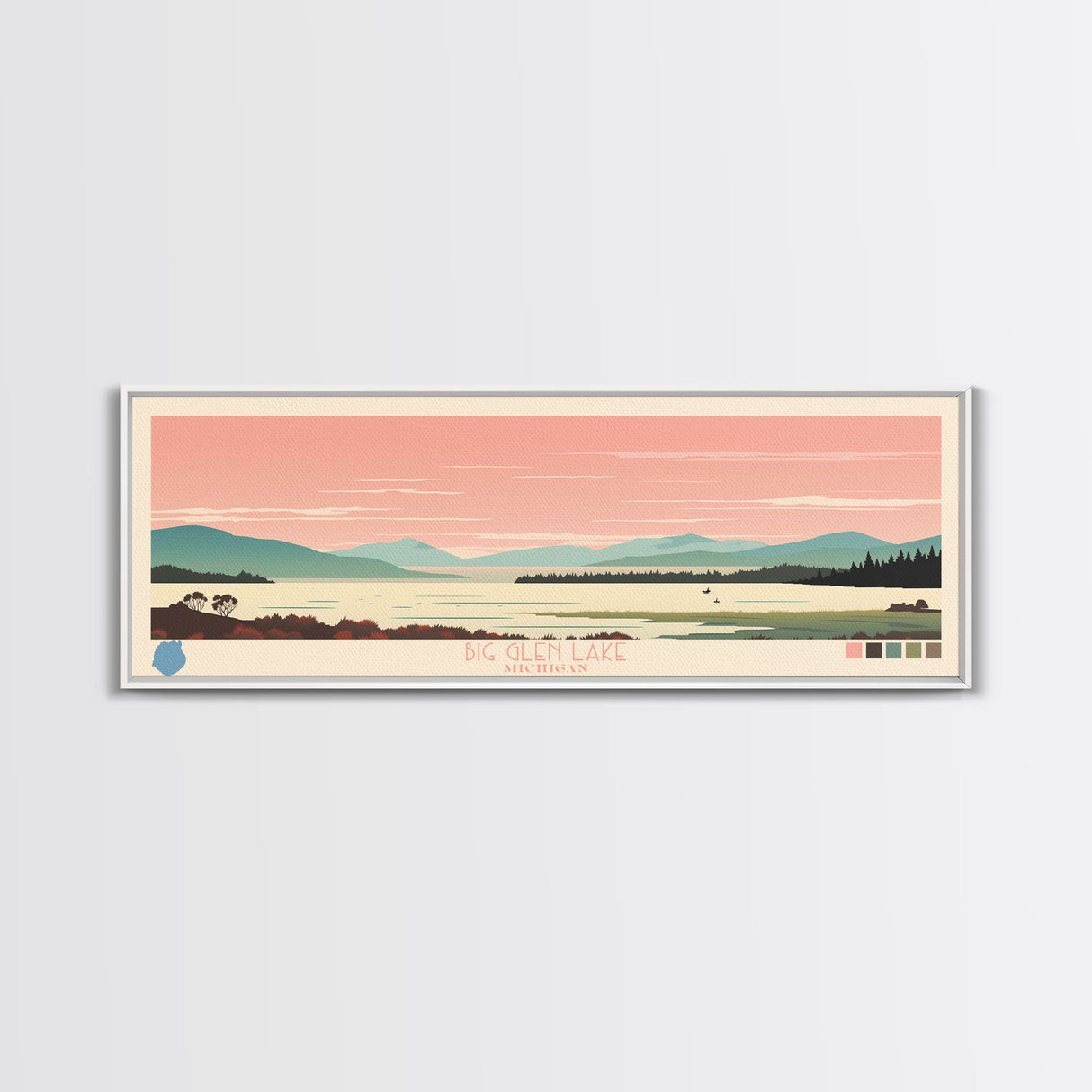 Big Glen Lake Michigan Framed Canvas Print, Panoramic Wall Art, Midcentury Modern, Pop Art, Travel Poster, Scenic Living Room Decor, Bedroom Art