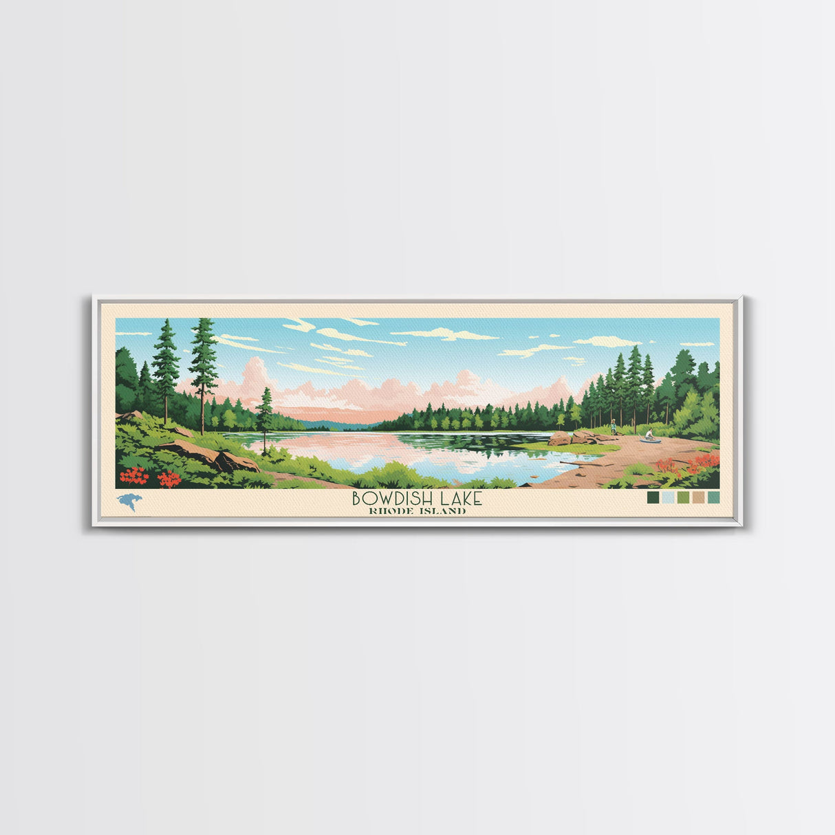 Bowdish Lake Rhode Island Framed Canvas Print, Panoramic Travel Poster, Midcentury Modern Wall Art, Pop Art, Nature Bedroom Decor, Scenic Lake House Art