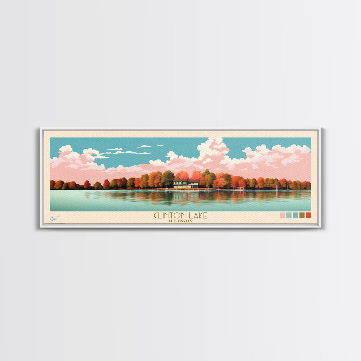 Clinton Lake Illinois Framed Canvas Print, Midcentury Modern Panoramic Wall Art, Living Room Decor, Pop Art, Travel Poster Art, Scenic Nature Painting, Lake House Decor