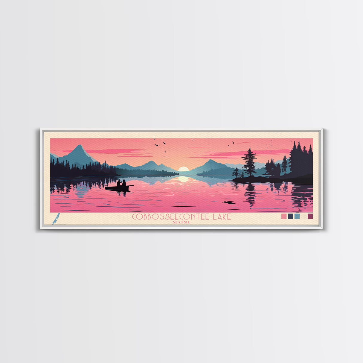 Cobbosseecontee Lake Maine Framed Canvas Print, Midcentury Modern Panoramic Wall Art, Living Room Decor, Pop Art, Travel Poster Art, Scenic Nature Painting, Lake House Decor