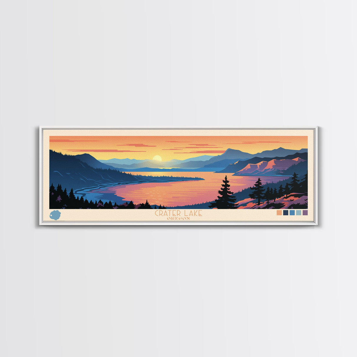 Crater Lake Oregon Framed Canvas Print, Pop Art Panoramic Travel Poster, Midcentury Modern, Wall Art, Scenic Nature Painting, Bedroom Decor, Living Room Art