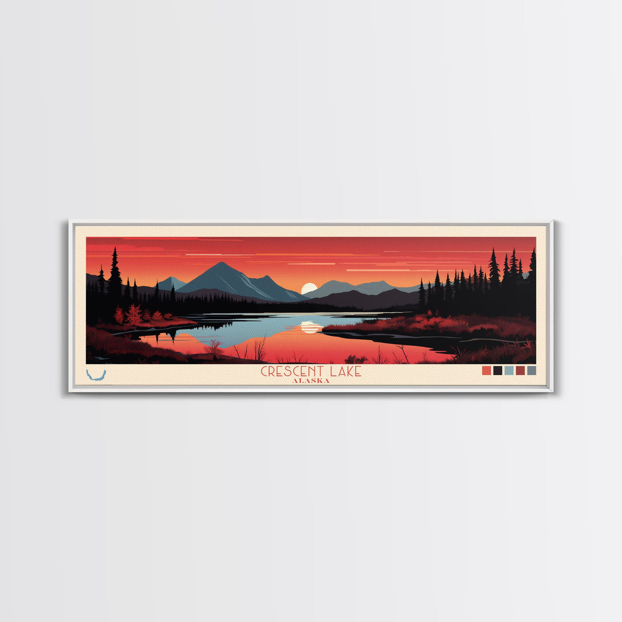 Crescent Lake Alaska Framed Canvas Print, Pop Art Panoramic Travel Poster, Midcentury Modern, Wall Art, Scenic Nature Painting, Bedroom Decor, Living Room Art