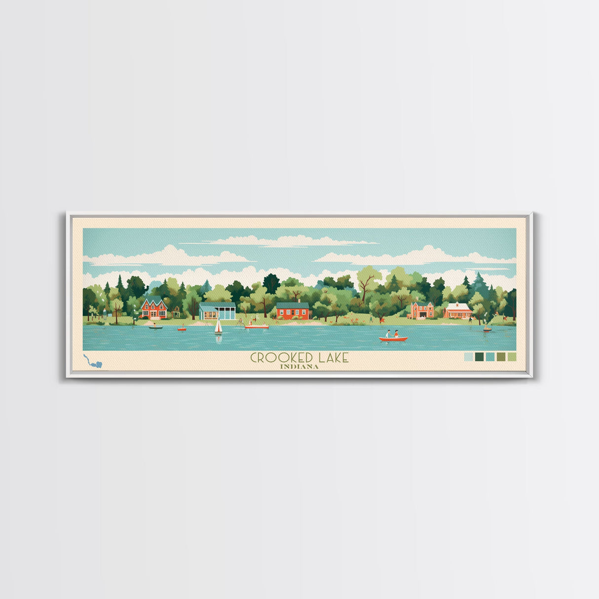 Crooked Lake Indiana Framed Canvas Print, Midcentury Modern Panoramic Wall Art, Living Room Decor, Pop Art, Travel Poster Art, Scenic Nature Painting, Lake House Decor