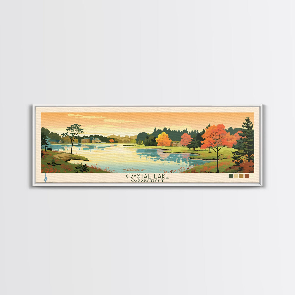 Crystal Lake Connecticut Framed Canvas Print, Pop Art Panoramic Travel Poster, Midcentury Modern, Wall Art, Scenic Nature Painting, Bedroom Decor, Living Room Art