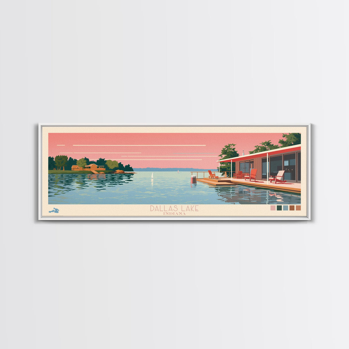 Dallas Lake Indiana Framed Canvas Print, Midcentury Modern Panoramic Wall Art, Bedroom Decor, Pop Art, Travel Poster Art, Scenic Nature Painting