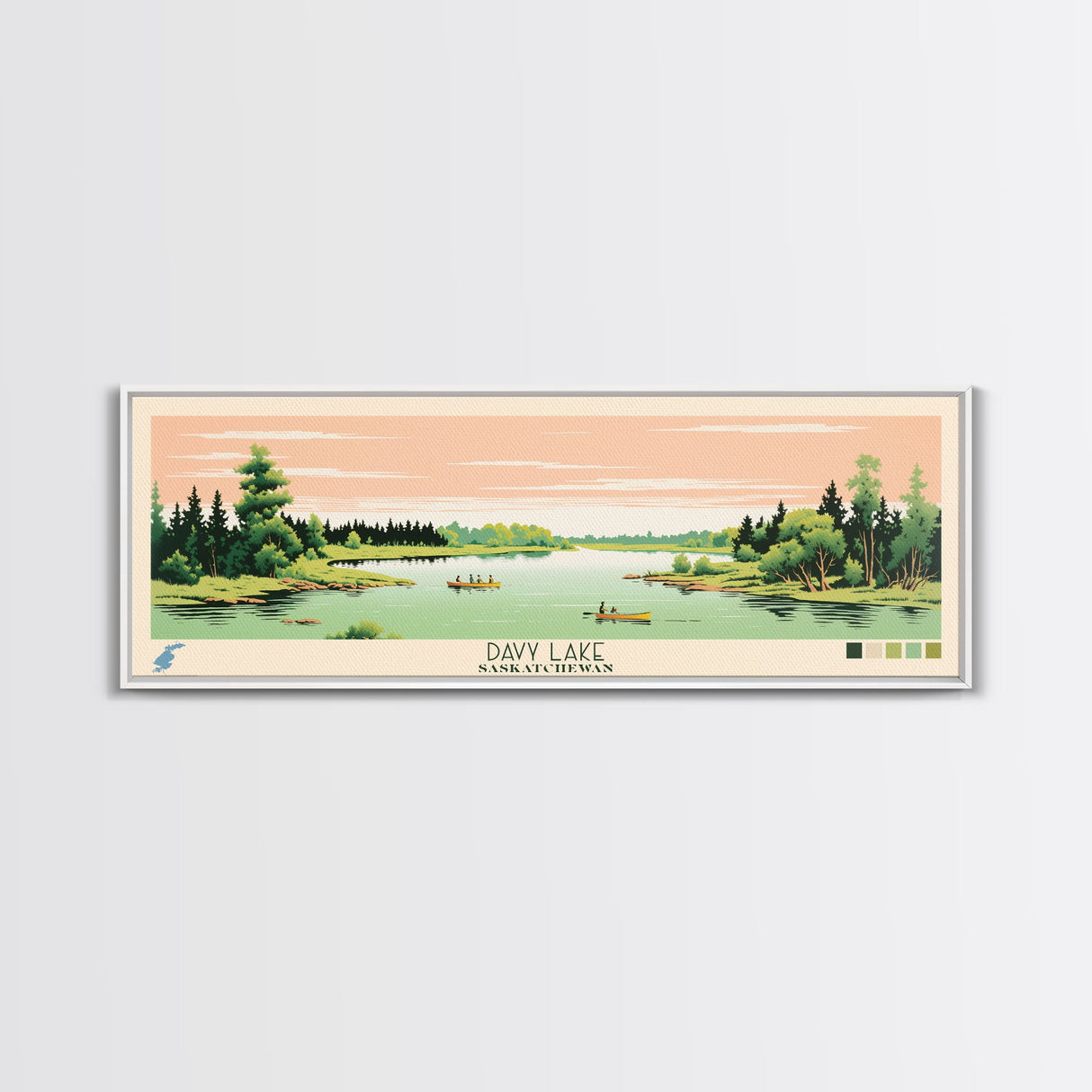 Davy Lake Saskatchewan Framed Canvas Print, Midcentury Modern Panoramic Wall Art, Living Room Decor, Pop Art, Travel Poster Art, Scenic Nature Painting