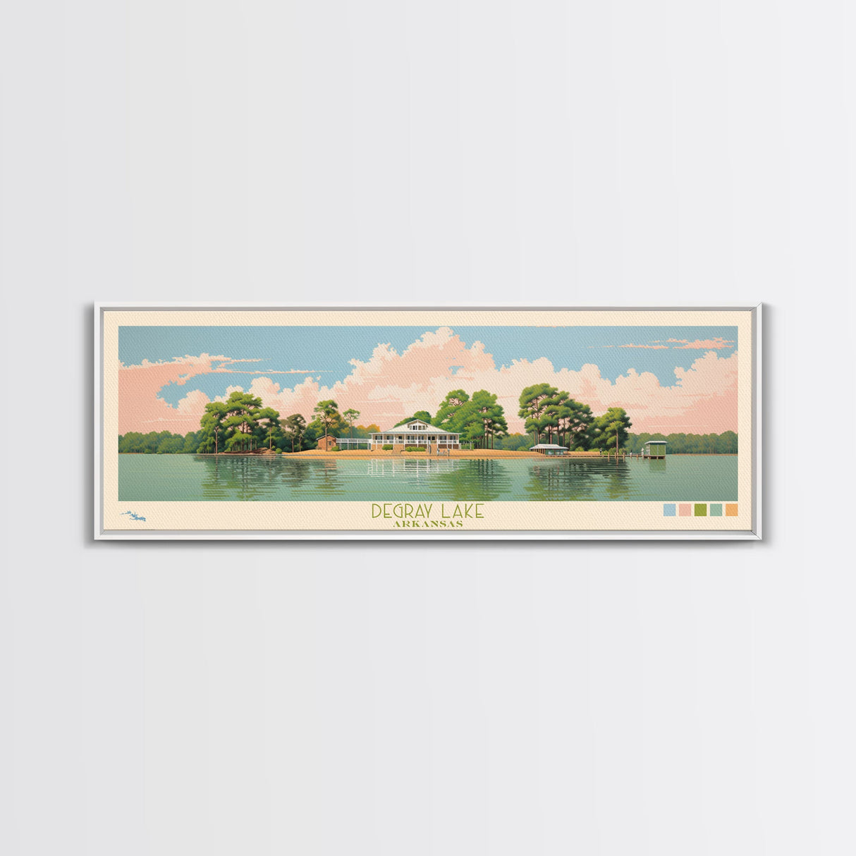 DeGray Lake Arkansas Framed Canvas Print, Midcentury Modern Panoramic Wall Art, Bedroom Decor, Pop Art, Travel Poster Art, Scenic Nature Painting