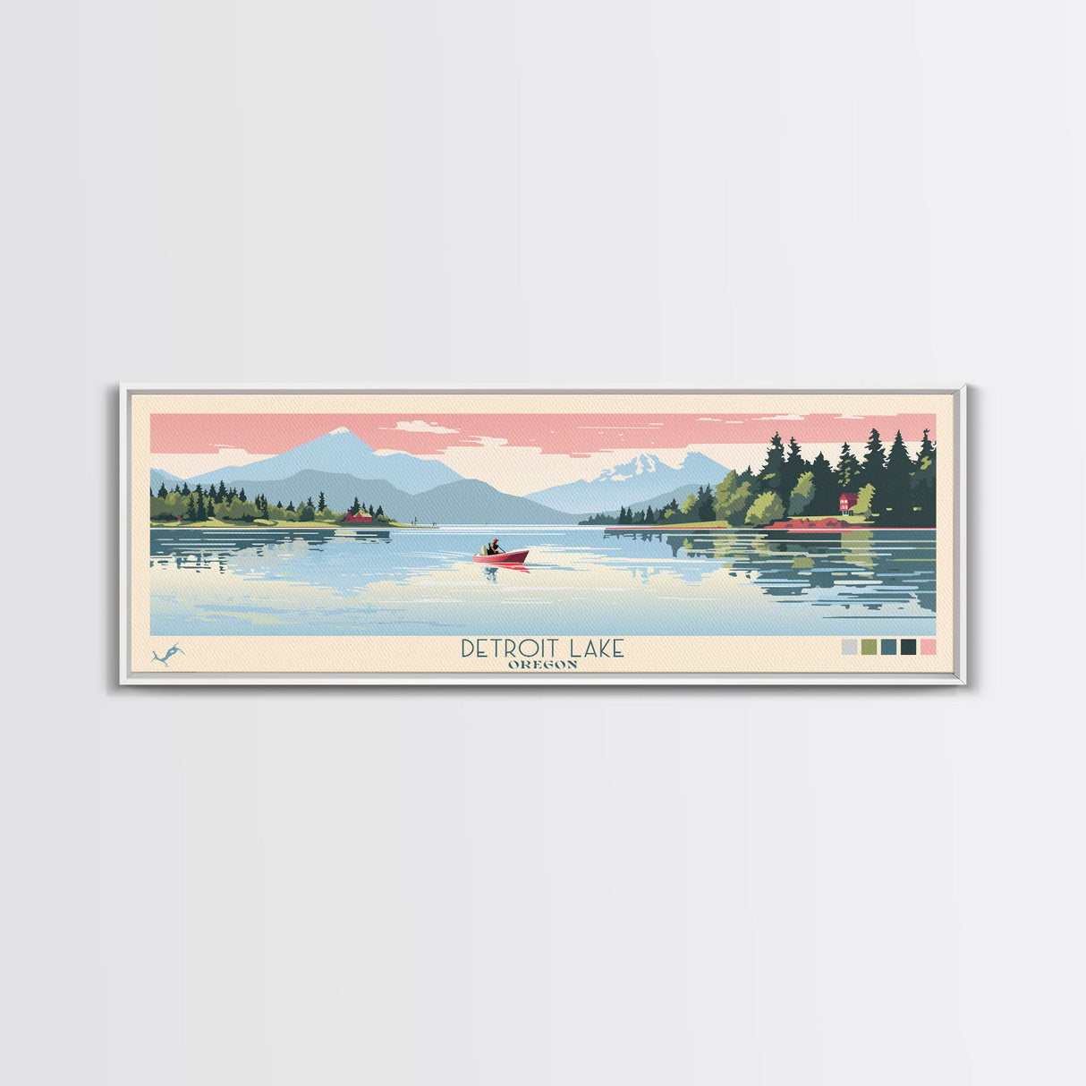 Detroit Lake Oregon Framed Canvas Print, Midcentury Modern Panoramic Wall Art, Bedroom Decor, Pop Art, Travel Poster Art, Scenic Nature Painting