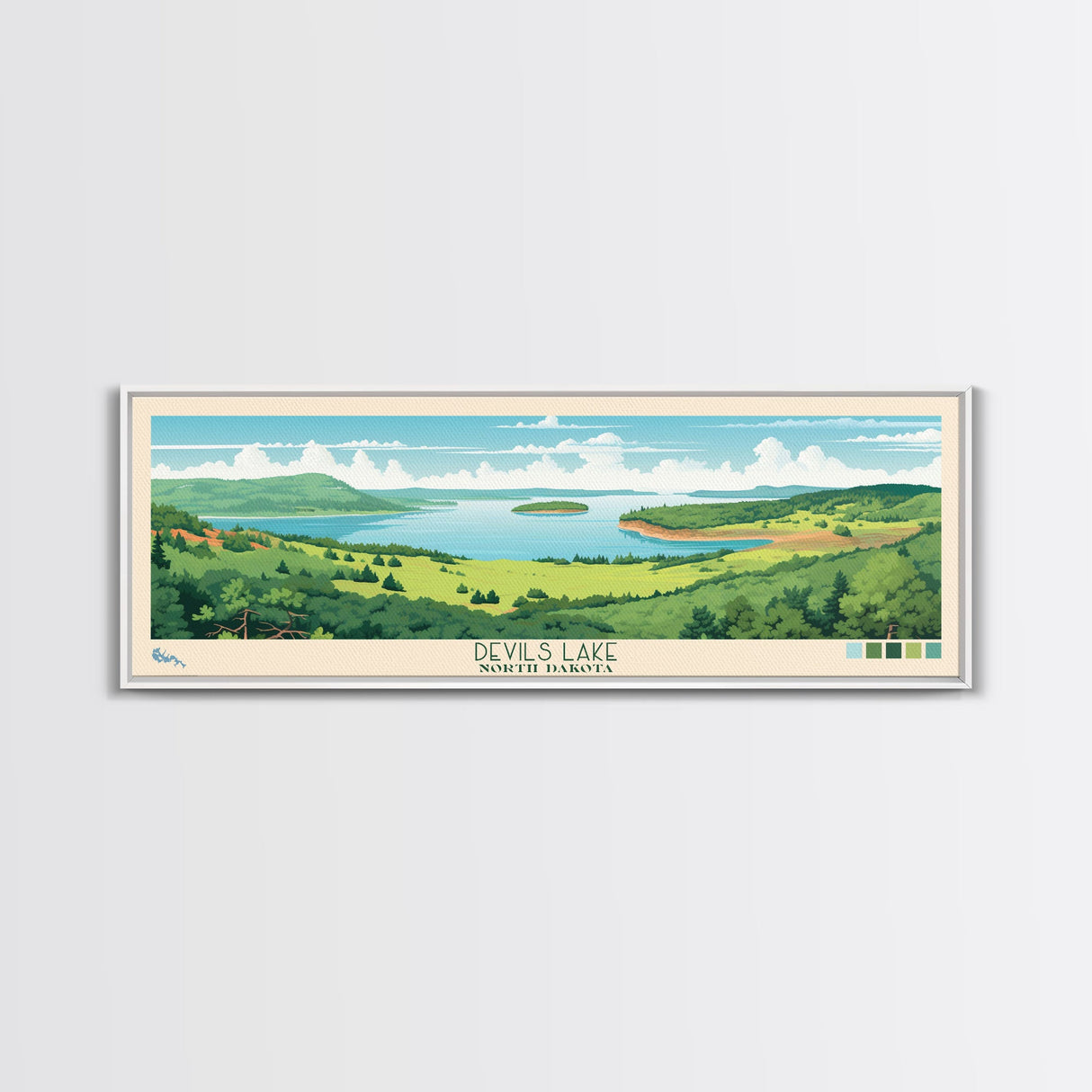 Devils Lake North Dakota Framed Canvas Print, Midcentury Modern Panoramic Wall Art, Living Room Decor, Pop Art, Travel Poster Art, Scenic Nature Painting