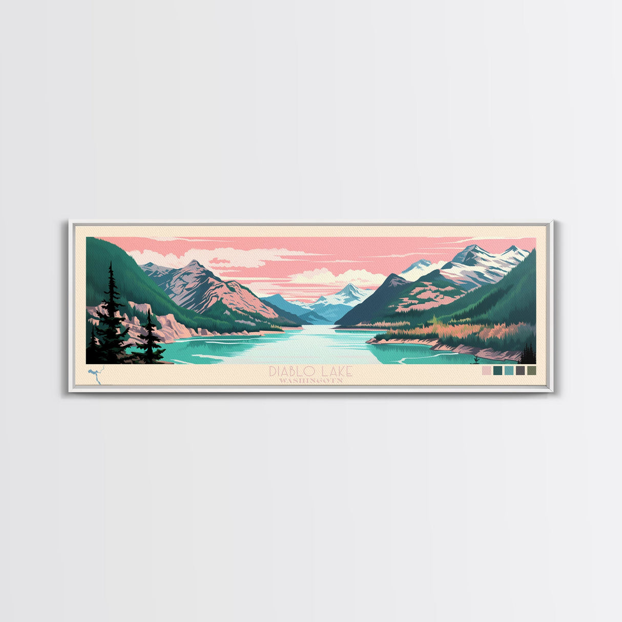 Diablo Lake Washington Framed Canvas Print, Midcentury Modern Panoramic Wall Art, Bedroom Decor, Pop Art, Travel Poster Art, Scenic Nature Painting