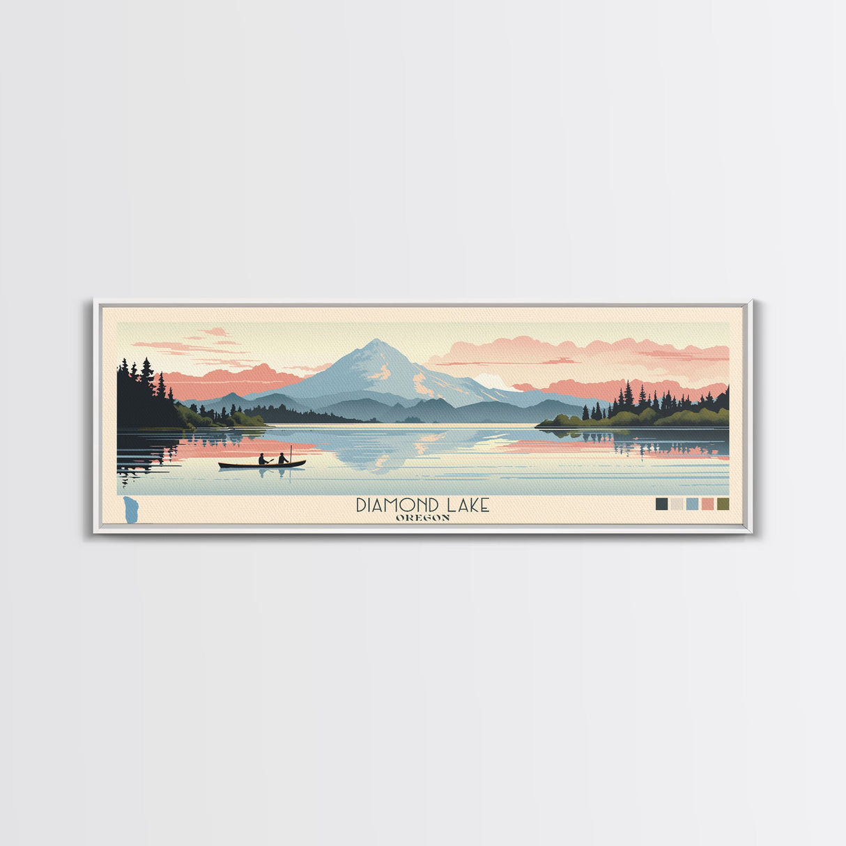 Diamond Lake Oregon Framed Canvas Print, Midcentury Modern Panoramic Wall Art, Bedroom Decor, Pop Art, Travel Poster Art, Scenic Nature Painting