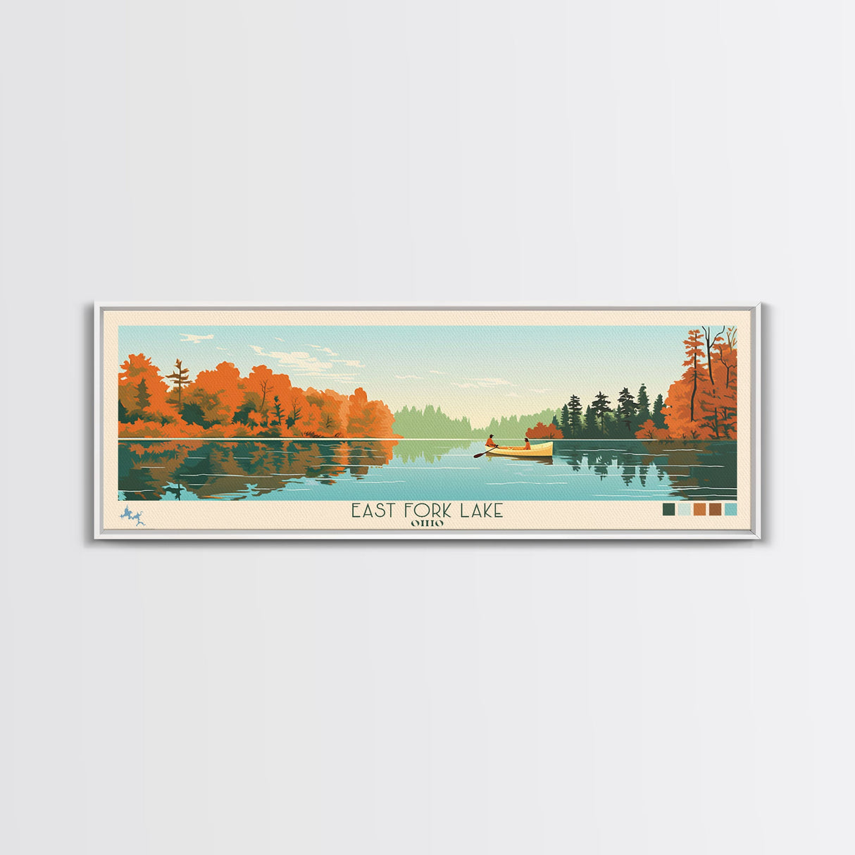 East Fork Lake Ohio Framed Canvas Print, Panoramic Wall Art, Midcentury Modern, Pop Art, Bedroom Decor, Travel Poster, Artistic Lake Painting