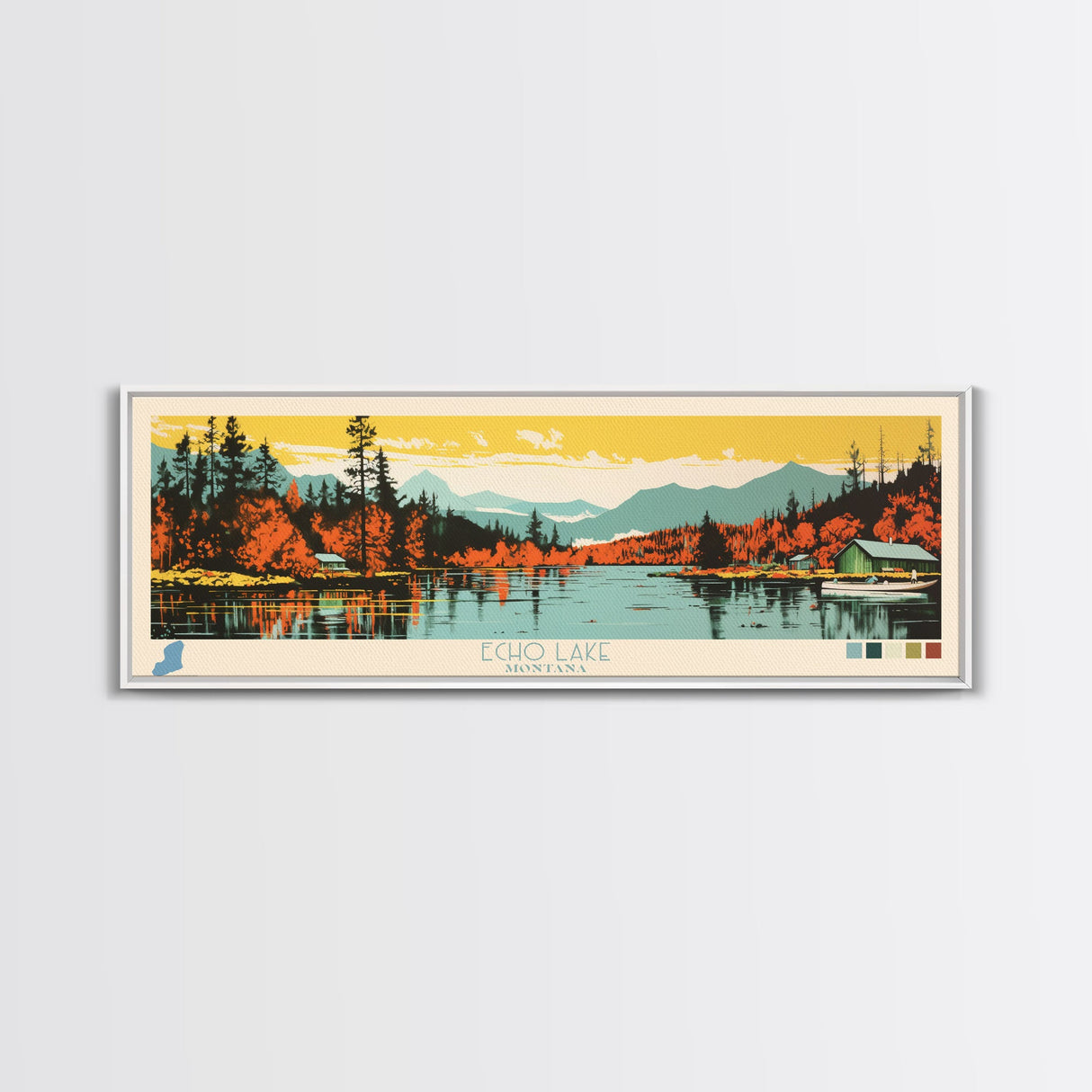 Echo Lake Montana Framed Canvas Print, Panoramic Wall Art, Midcentury Modern, Pop Art, Living Room Decor, Travel Poster, Nature Art