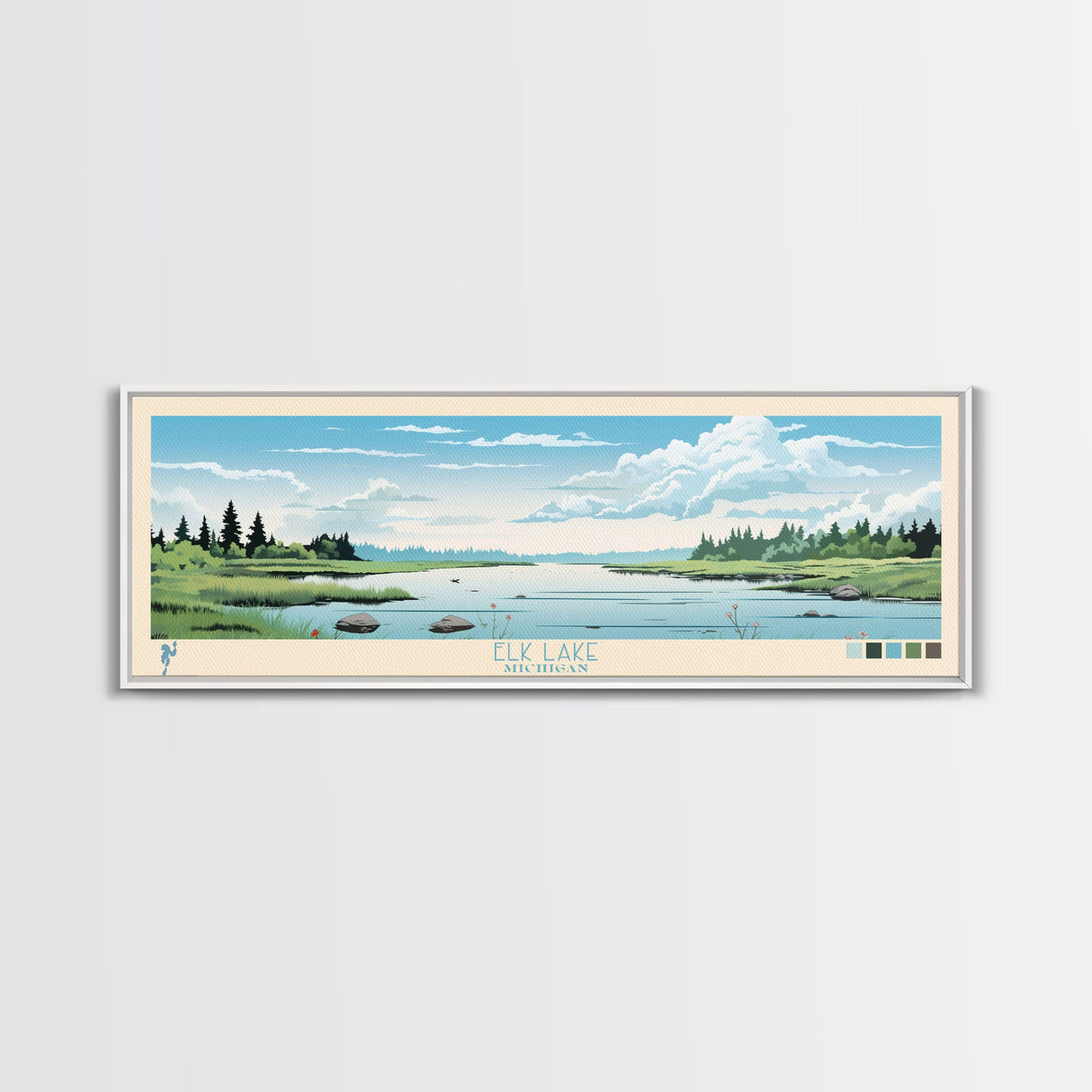 Elk Lake Michigan Framed Canvas Print, Panoramic Wall Art, Midcentury Modern, Pop Art, Bedroom Decor, Travel Poster, Nature Art