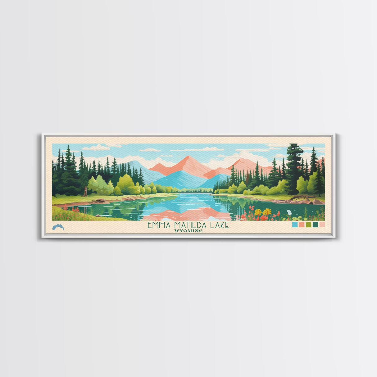 Emma Matilda Lake Wyoming Framed Canvas Print, Panoramic Wall Art, Midcentury Modern, Pop Art, Bedroom Decor, Travel Poster, Nature Painting