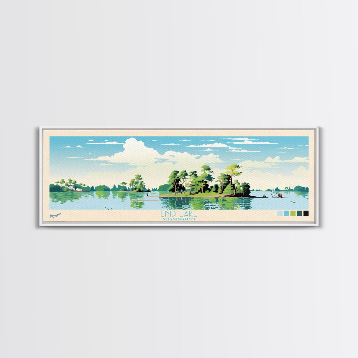 Enid Lake Mississippi Framed Canvas Print, Panoramic Art, Midcentury Modern, Pop Art, Living Room Decor, Travel Poster, Lake Painting