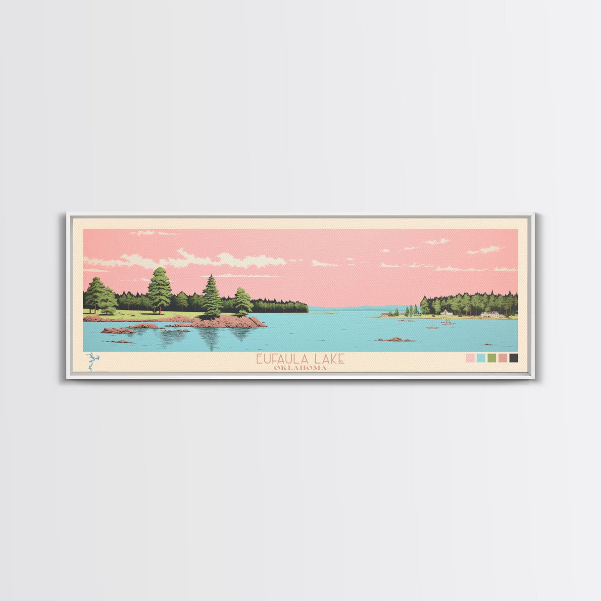 Eufaula Lake Oklahoma Framed Canvas Print, Panoramic Art, Midcentury Modern, Pop Art, Living Room Wall Art, Travel Poster, Nature Art