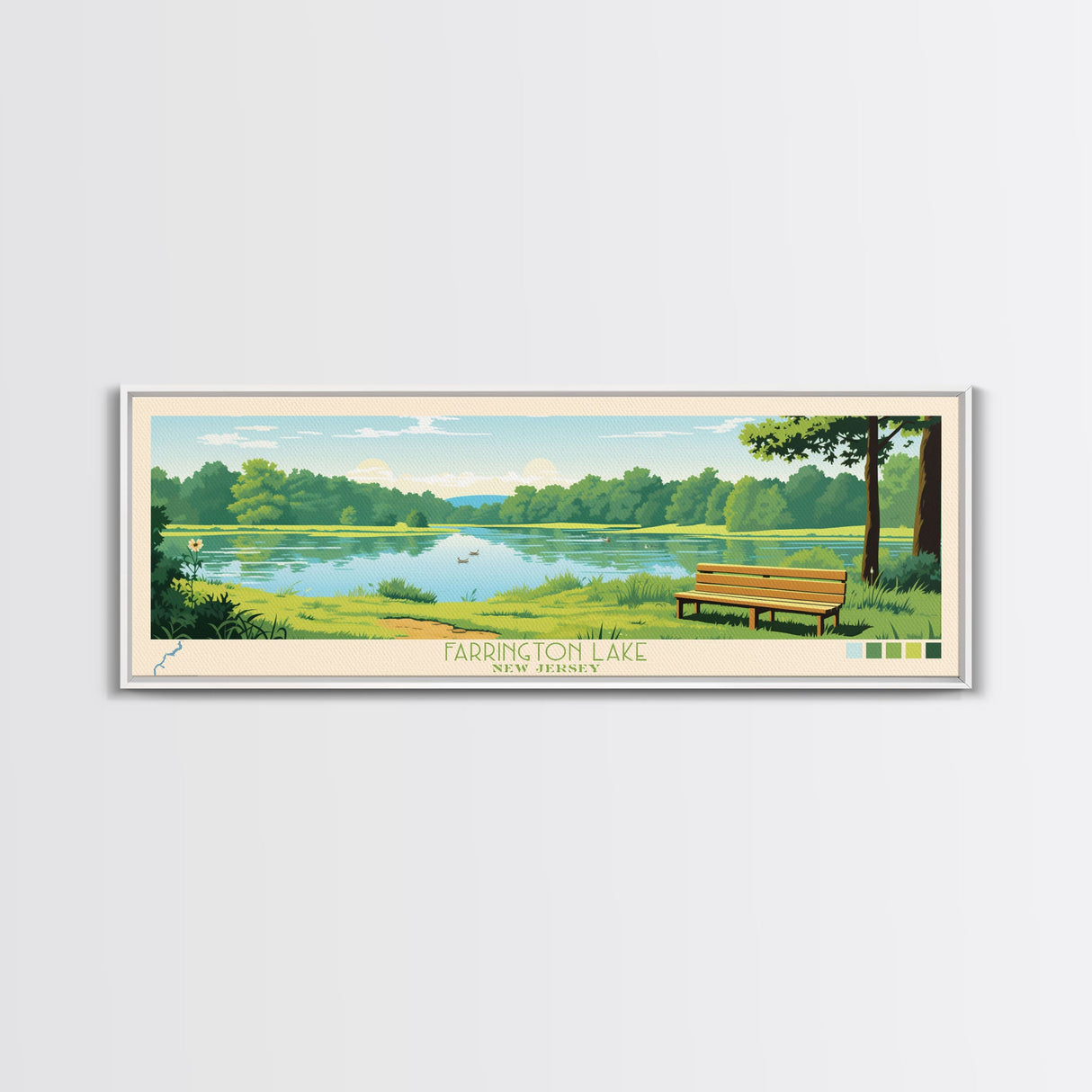 Farrington Lake New Jersey Framed Canvas Print, Panoramic Art, Midcentury Modern, Pop Art, Living Room Wall Art, Travel Poster, Nature Art, Home Decor