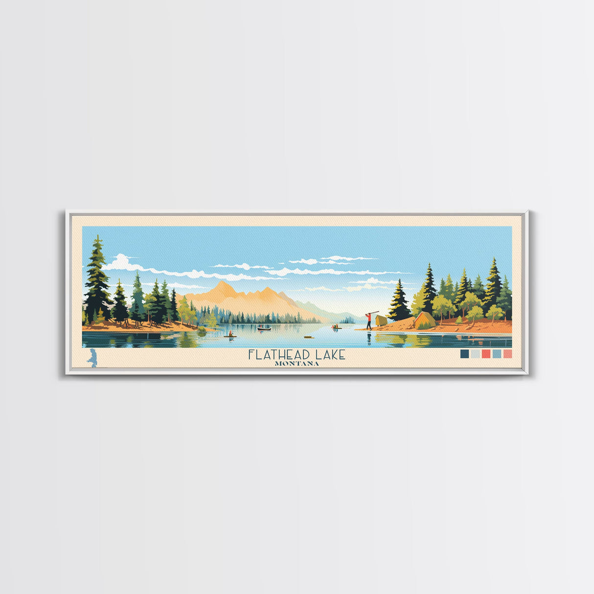 Flathead Lake Montana Framed Canvas Print, Panoramic Wall Art, Midcentury Modern, Pop Art, Bedroom Decor, Travel Poster, Nature Painting, Artistic Decor