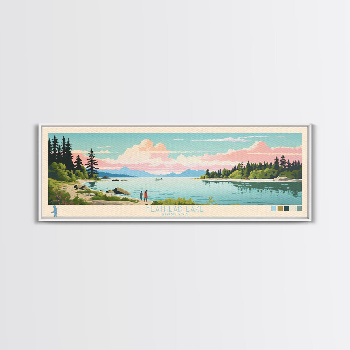 Flathead Lake Montana Framed Canvas Print, Panoramic Art, Midcentury Modern, Pop Art, Living Room Wall Art, Travel Poster, Lake View, Home Decor