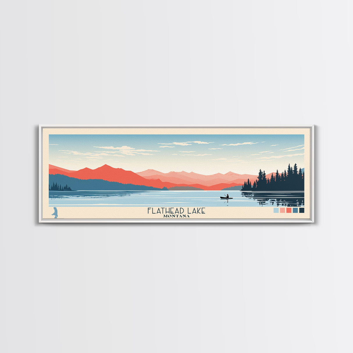 Flathead Lake Montana Framed Canvas Print, Panoramic Wall Art, Midcentury Modern, Pop Art, Bedroom Decor, Travel Poster, Nature Art, Artistic Decor