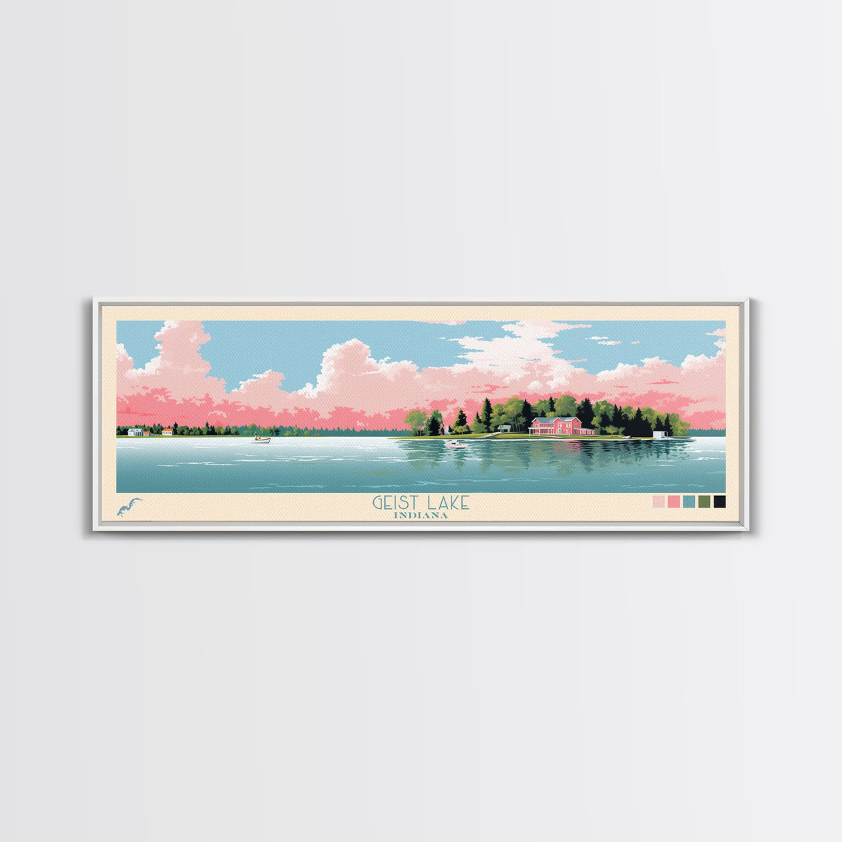 Geist Lake Indiana Framed Canvas Print, Panoramic Art, Midcentury Modern, Pop Art, Living Room Decor, Travel Poster, Nature Art, Wall Art