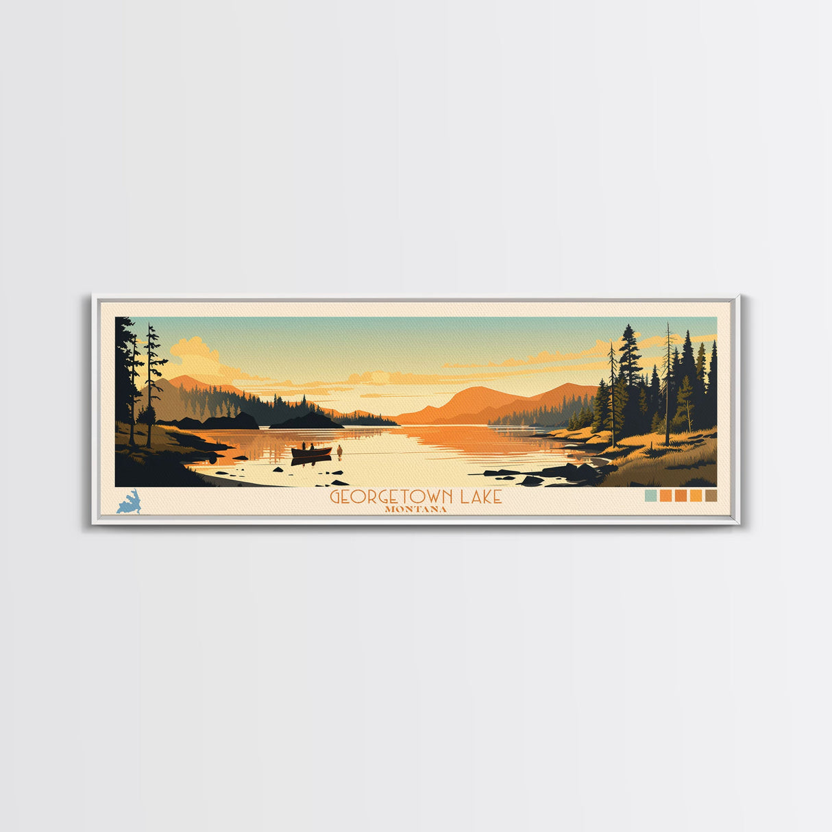 Georgetown Lake Montana Framed Canvas Print, Panoramic Wall Art, Midcentury Modern, Pop Art, Living Room Decor, Travel Poster, Nature Art, Lake House Art