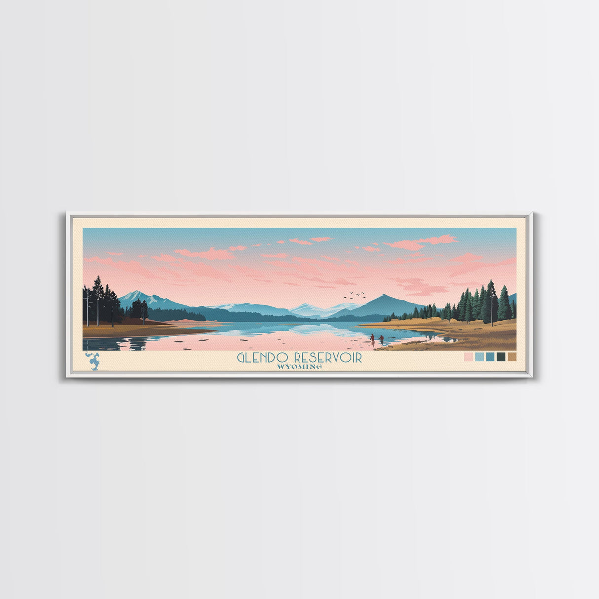 Glendo Reservoir Wyoming Framed Canvas Print, Panoramic Art, Midcentury Modern, Pop Art, Bedroom Decor, Travel Poster, Nature Painting, Home Decor