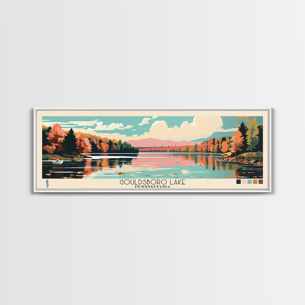 Gouldsboro Lake Pennsylvania Framed Canvas Print, Panoramic Wall Art, Midcentury Modern, Pop Art, Living Room Wall Art, Travel Poster, Nature Painting, Home Decor