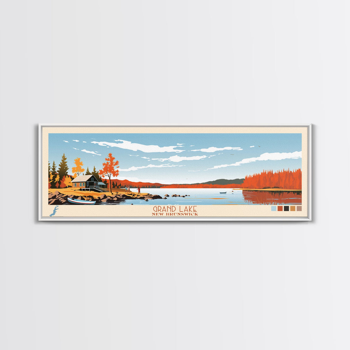 Grand Lake Canada New Brunswick Framed Canvas Print, Panoramic Art, Midcentury Modern, Pop Art, Bedroom Decor, Travel Poster, Lake House Art, Wall Art