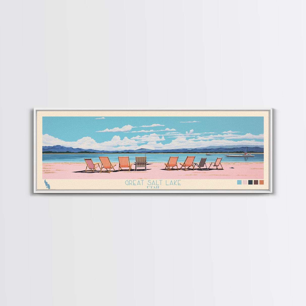 Great Salt Lake Utah Framed Canvas Print, Panoramic Wall Art, Midcentury Modern, Pop Art, Living Room Wall Art, Travel Poster, Nature Art, Artistic Decor