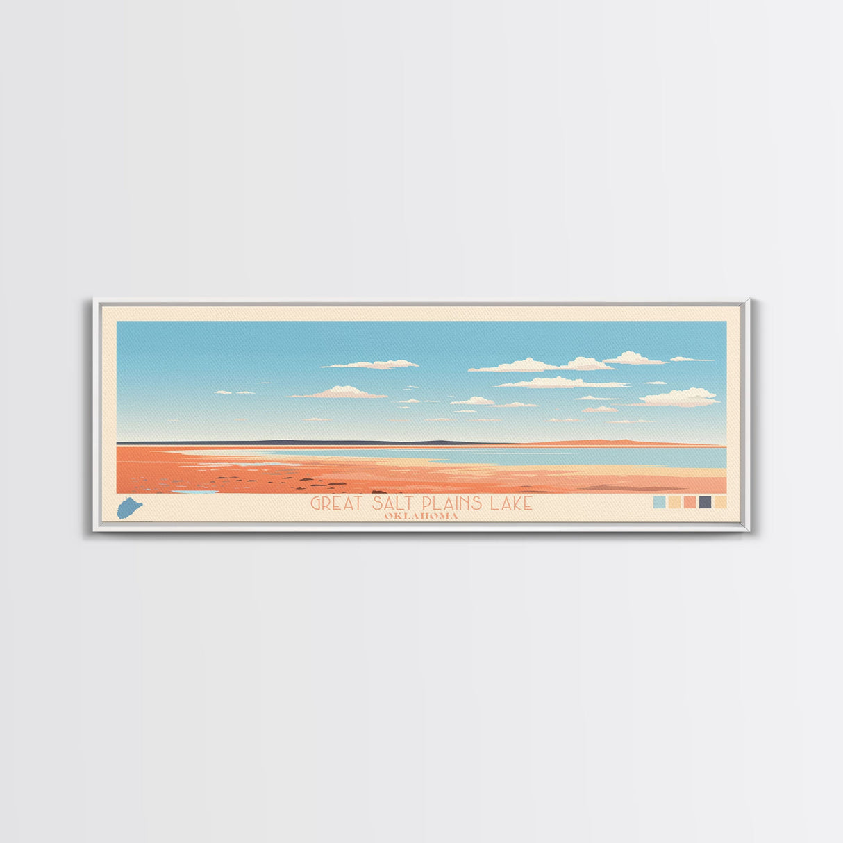 Great Salt Plains Lake Oklahoma Framed Canvas Print, Panoramic Art, Midcentury Modern, Pop Art, Bedroom Decor, Travel Poster, Lake House Art, Wall Art