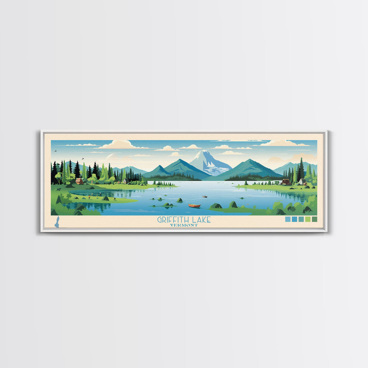 Griffith Lake Vermont Framed Canvas Print, Panoramic Wall Art, Midcentury Modern, Pop Art, Living Room Wall Art, Travel Poster, Lake View, Nature Art