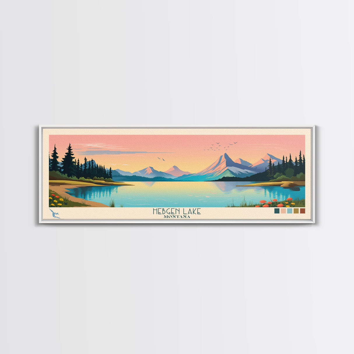 Hebgen Lake Montana Framed Canvas Print, Panoramic Wall Art, Midcentury Modern, Pop Art, Living Room Decor, Travel Poster, Nature Art, Lake House Art