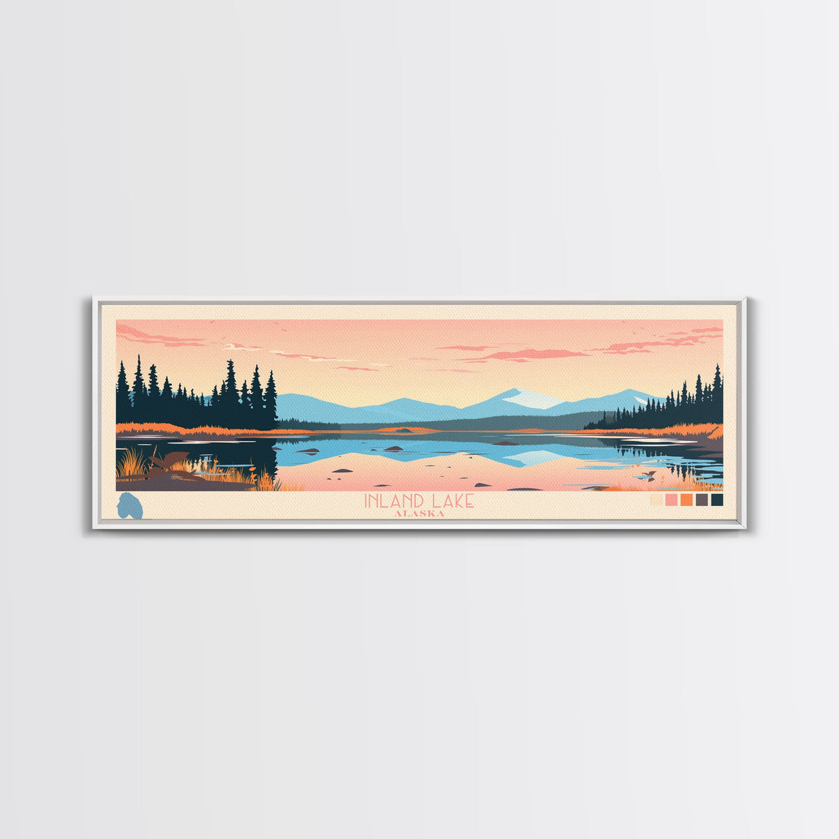 Inland Lake Alaska Framed Canvas Print, Panoramic Wall Art, Midcentury Modern, Pop Art, Bedroom Art, Travel Poster, Home Decor