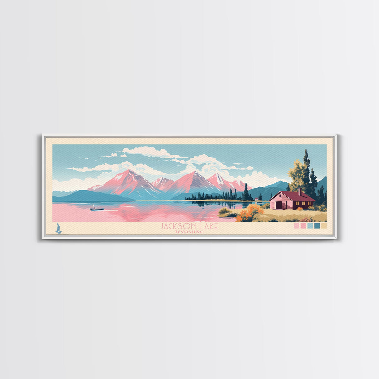 Jackson Lake Wyoming Framed Canvas Print, Panoramic Wall Art, Midcentury Modern, Pop Art, Bedroom Decor, Travel Poster, Nature Decor