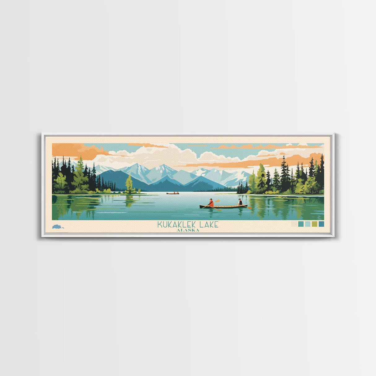 Kukaklek Lake Alaska Framed Canvas Print, Panoramic Wall Art, Midcentury Modern, Pop Art, Living Room Decor, Travel Poster, Bedroom Art