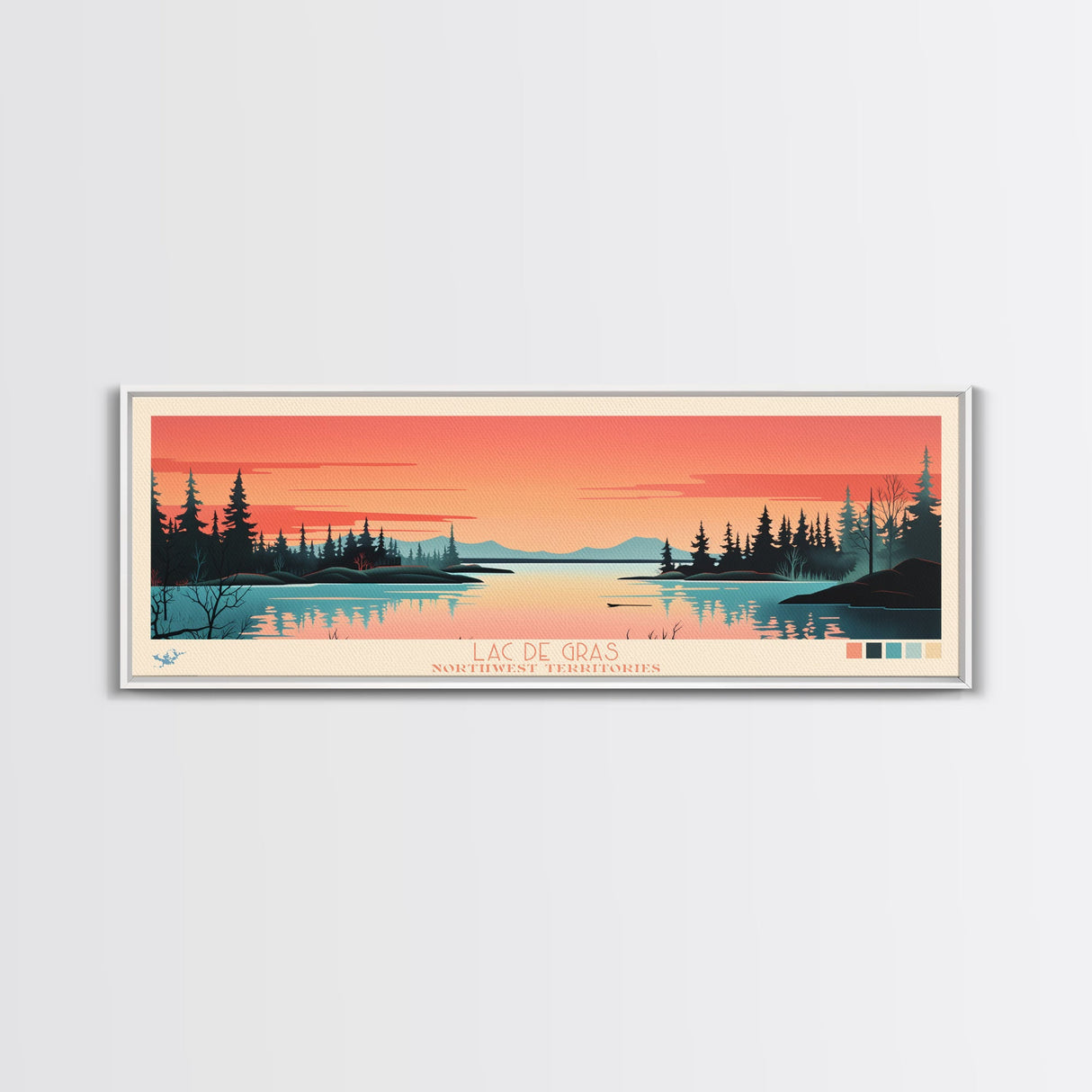 Lac De Gras Northwest Framed Canvas Print, Panoramic Wall Art, Midcentury Modern, Pop Art, Bedroom Decor, Travel Poster, Living Room Art