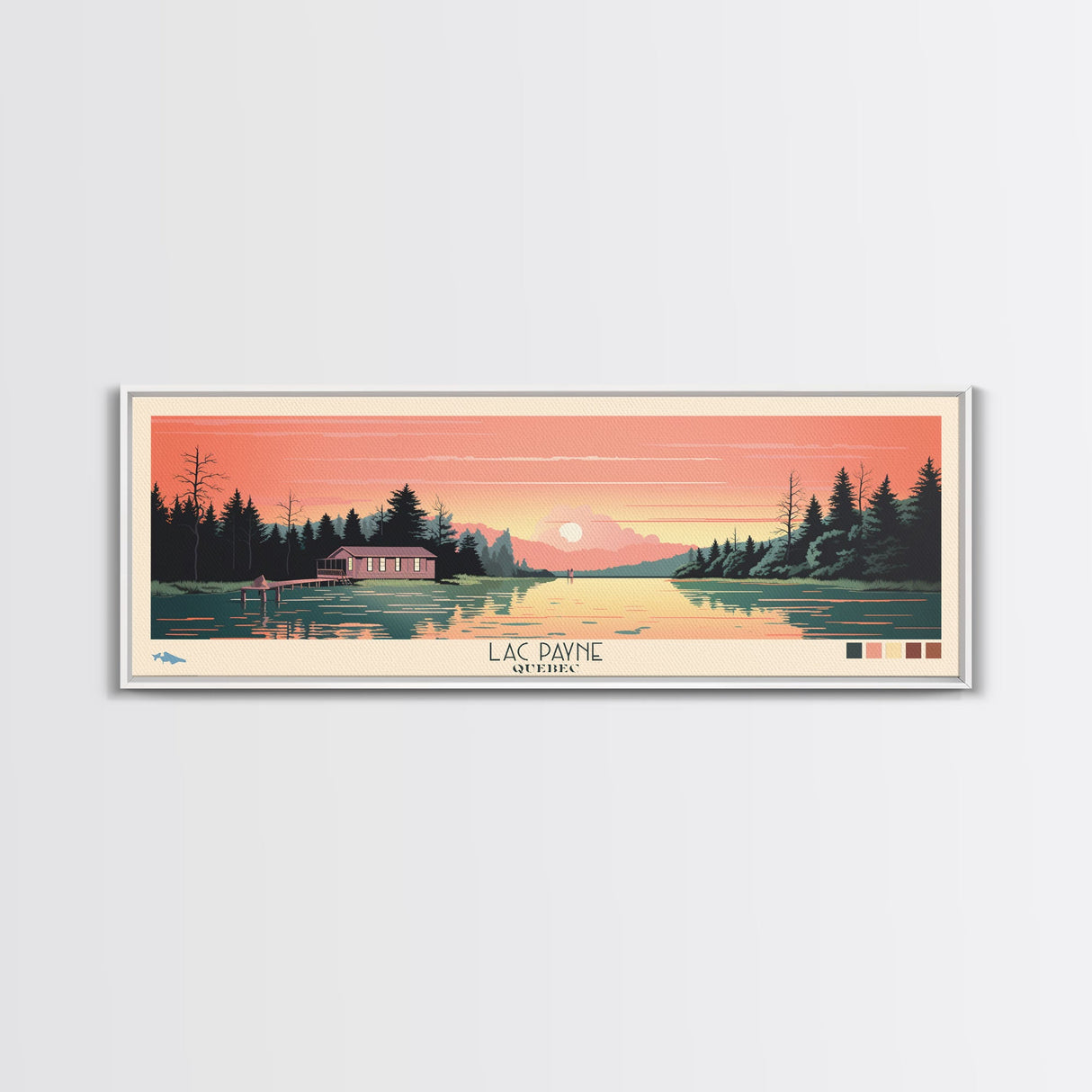 Lac Payne Quebec Framed Canvas Print, Panoramic Wall Art, Midcentury Modern, Pop Art, Bedroom Decor, Travel Poster, Living Room Art