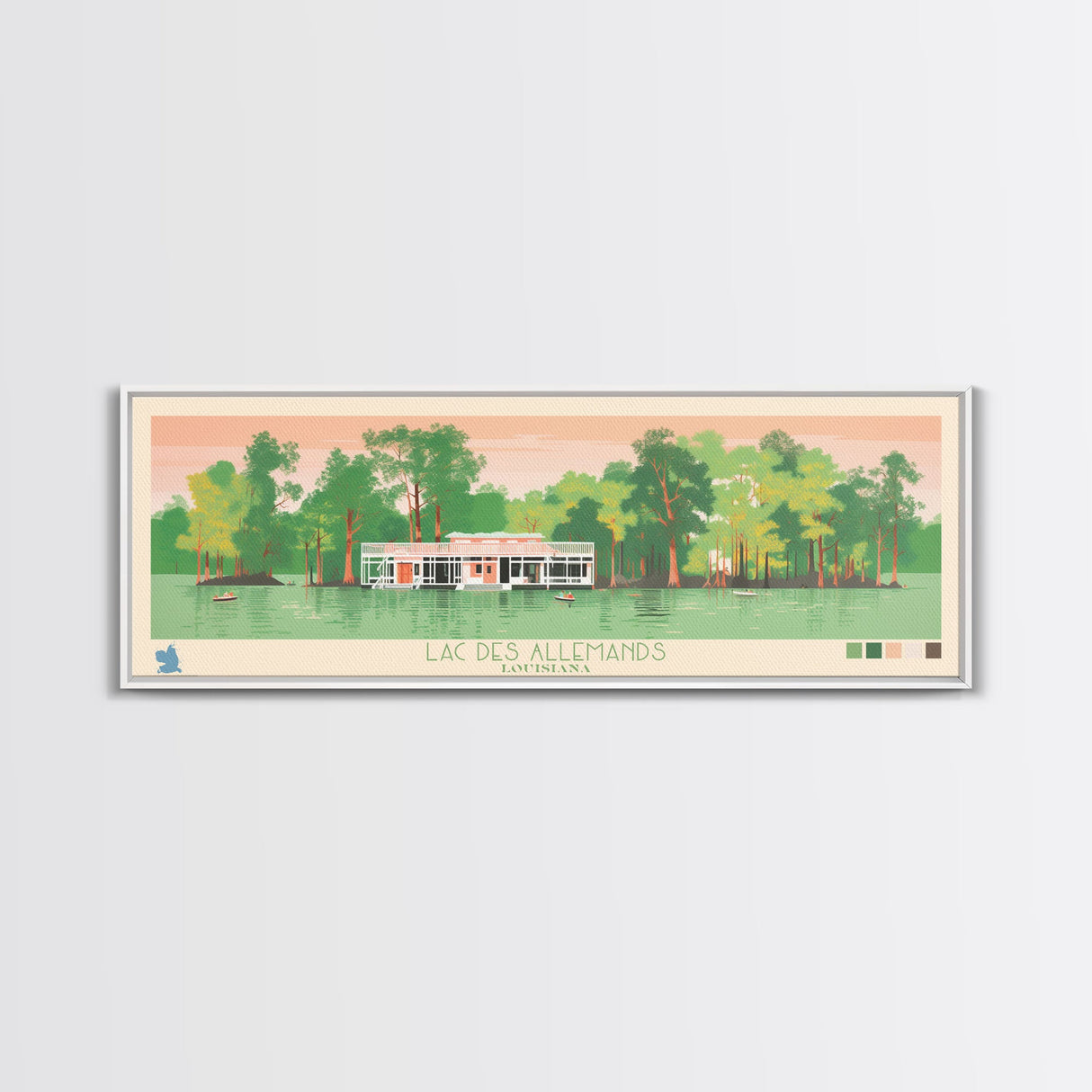 Lac des Allemands Louisiana Framed Canvas Print, Panoramic Art, Midcentury Modern, Pop Art, Living Room Wall Art, Travel Poster, Lake House Decor