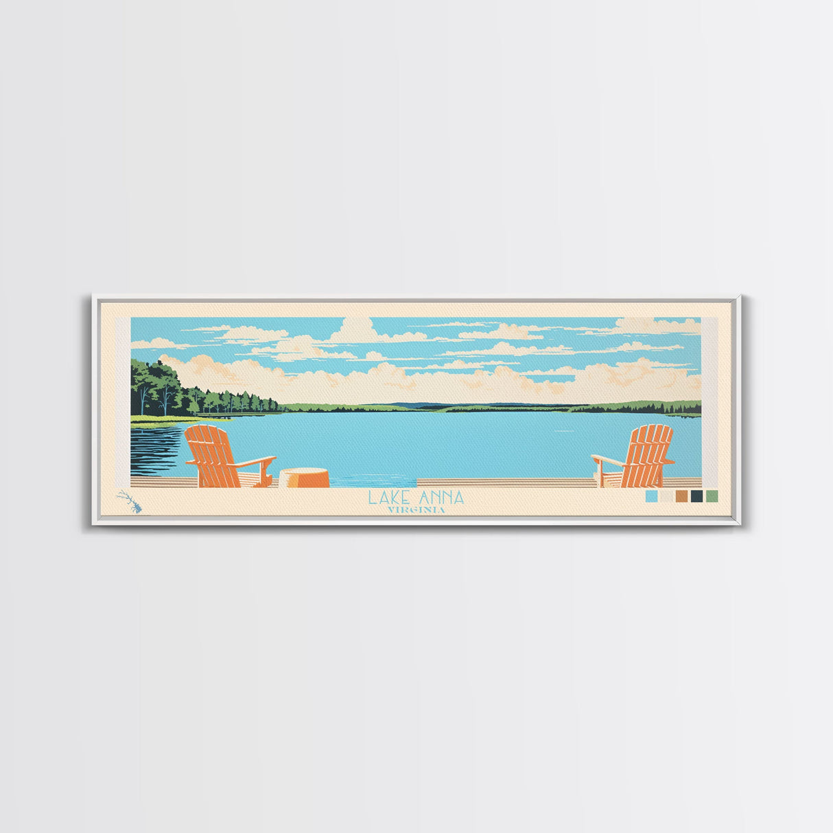 Lake Anna Virginia Framed Canvas Print, Panoramic Wall Art, Midcentury Modern, Pop Art, Bedroom Decor, Travel Poster, Living Room Art