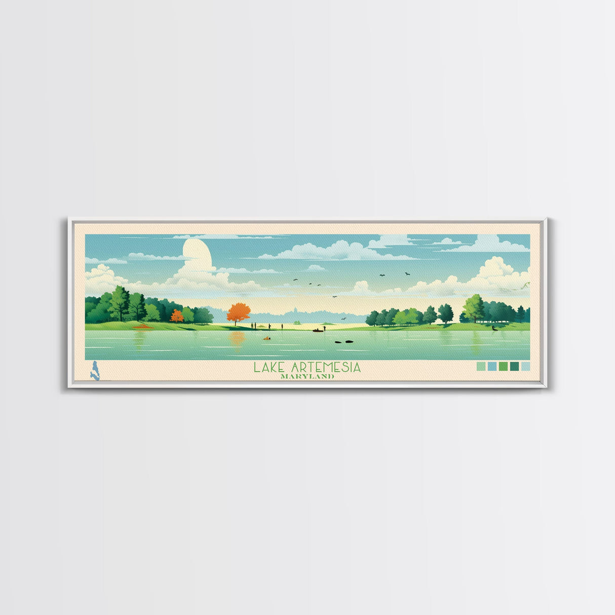 Lake Artemesia Maryland Framed Canvas Print, Panoramic Wall Art, Midcentury Modern, Pop Art, Bedroom Decor, Travel Poster, Living Room Art