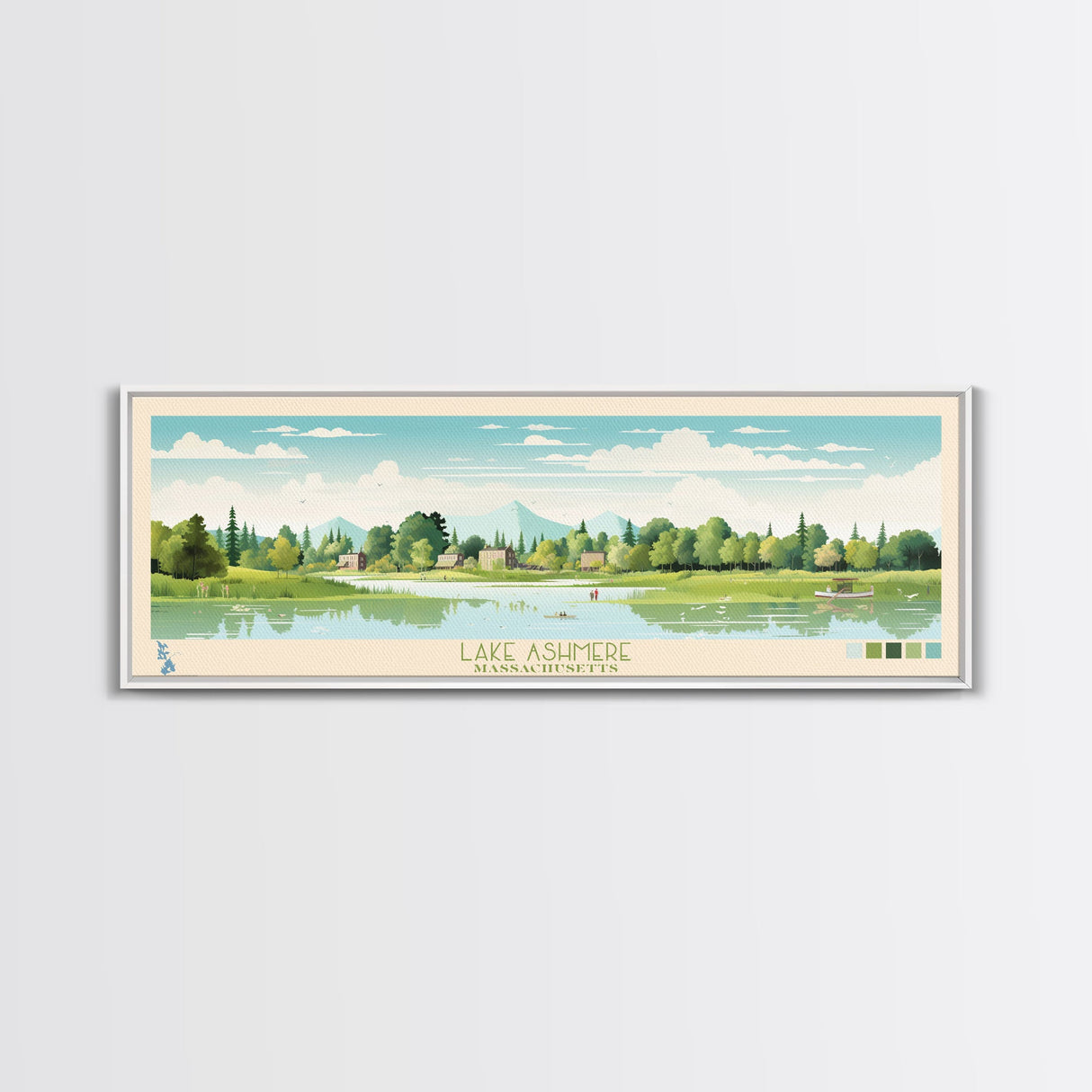 Lake Ashmere Massachusetts Framed Canvas Print, Panoramic Art, Midcentury Modern, Pop Art, Living Room Wall Art, Travel Poster, Lake House Decor