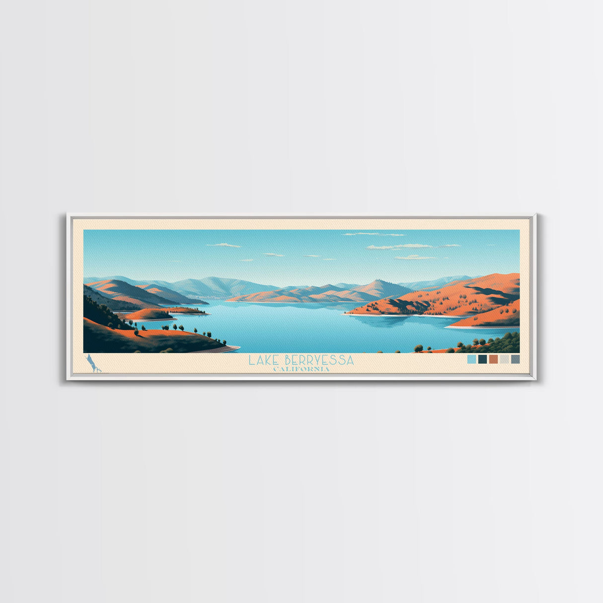 Lake Berryessa California Framed Canvas Print, Panoramic Wall Art, Midcentury Modern, Pop Art, Bedroom Decor, Travel Poster, Living Room Art