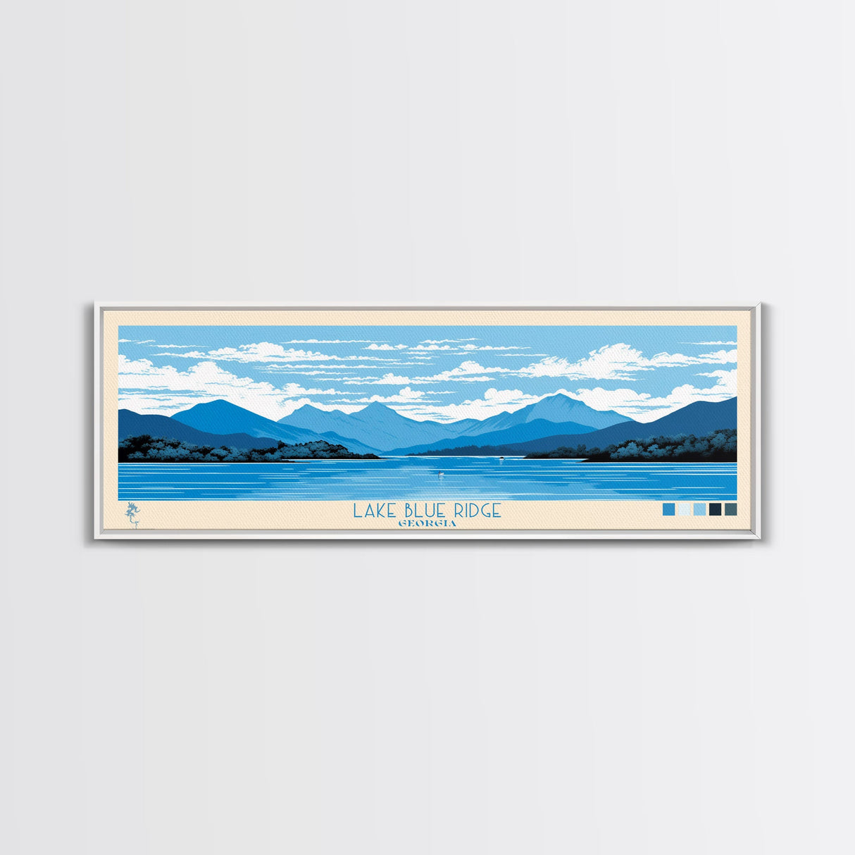 Lake Blue Ridge Georgia Framed Canvas Print, Panoramic Art, Midcentury Modern, Pop Art, Living Room Wall Art, Travel Poster, Lake House Decor